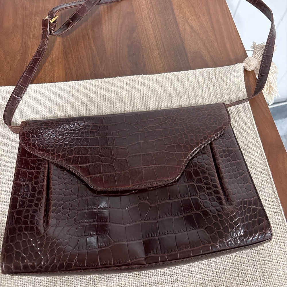 Bally Brown Crocodile Embossed Shoulder Bag